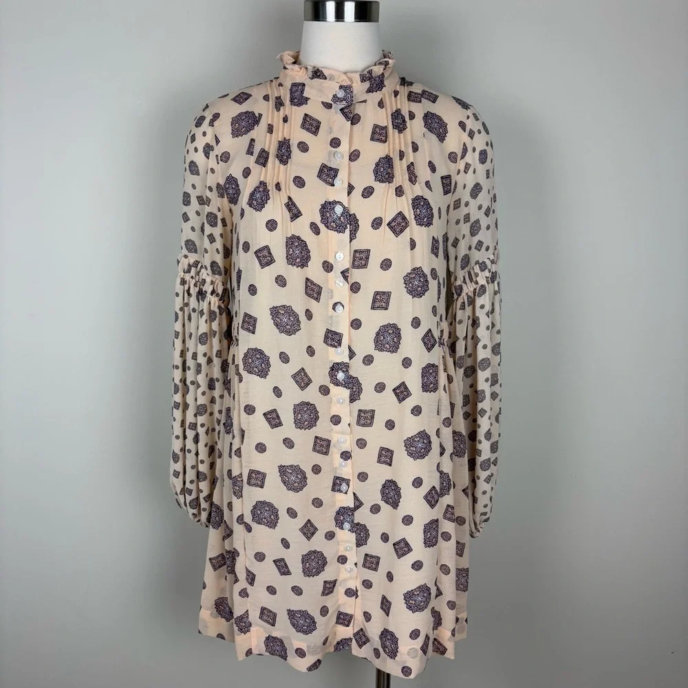 Free People Turn Turn Mini Button Front Dress Sz XS Cream Purple Print Boho Chic
